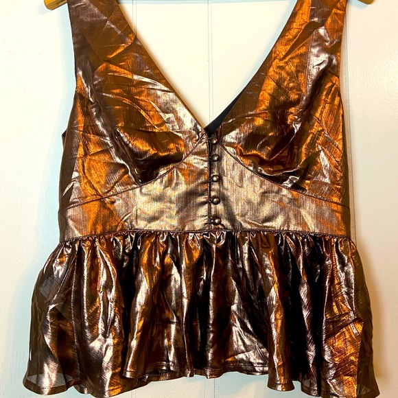 Guess bronze vneck sleeveless blouse top Venetia metallic medium top with peplum - Picture 3 of 9